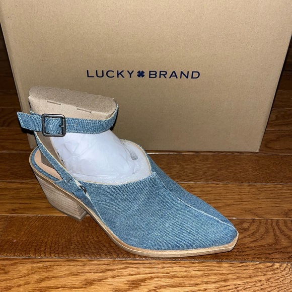 Lucky Brand Winola Ankle Strap Wedge Mules Medium Blue Denim Women’s Size 6 - Picture 2 of 12